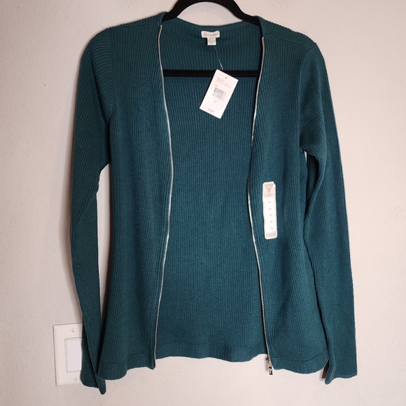 NWT GUESS Malina Green Ribbed Zip Front Long Sleeve Sweater Size XL - Picture 5 of 16